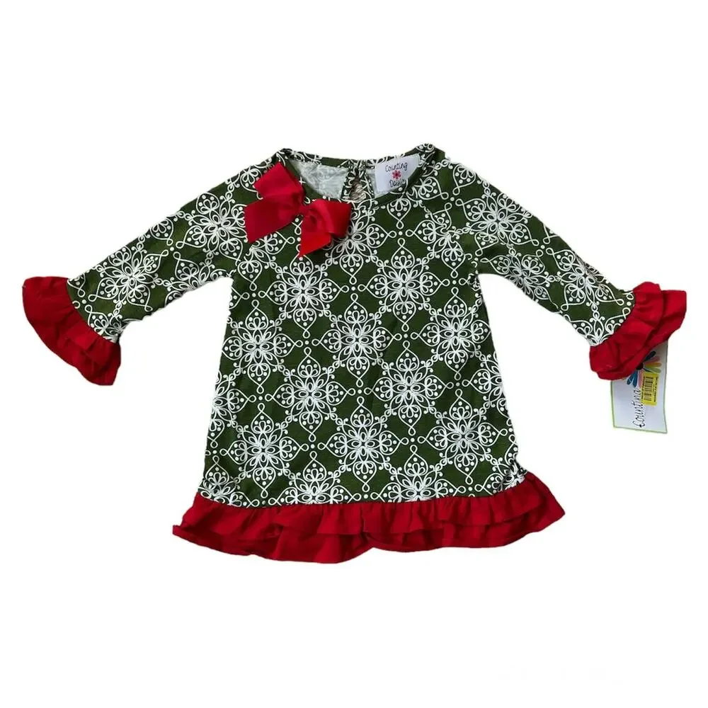NEW Counting Daisies Christmas Dress & Bloomers Set Olive Green Red Girl's 18 mo